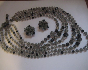 Western Germany 6 Strand Choker and Clip On Earrings in Shades of Gray Demi Parure