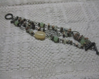 Triple Strand Hand Made Gemstone and Steel Bracelet