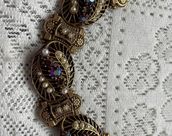 Reproduction Victorian Book Chain Link Bracelet with Faux Pearls and Amethyst and Amethyst AB Rhinestones
