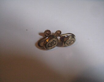 10K Rose Gold Screwback Vintage 40s Earrings with Damascene Leaf Top
