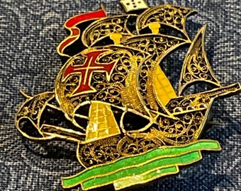 TOPEZIO 925 PORTUGAL  Sterling Vermeil Filigree Sailing Ship with Cross on Sail