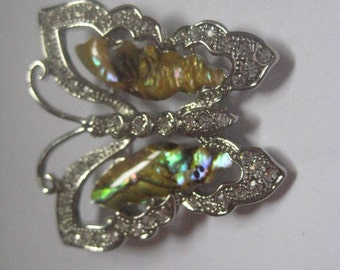 Silver Plate and Abalone Shell or Paua Shell Butterfly Pin With Rhinestones Wings