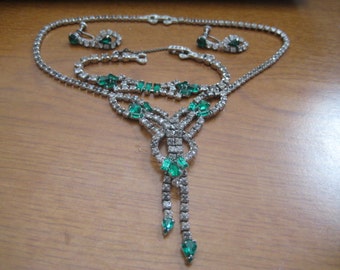 Vintage ASTRA Joseph Wiesner Parure of Choker Bracelet and Screwback Earrings with Emerald and Crystal Rhinestones