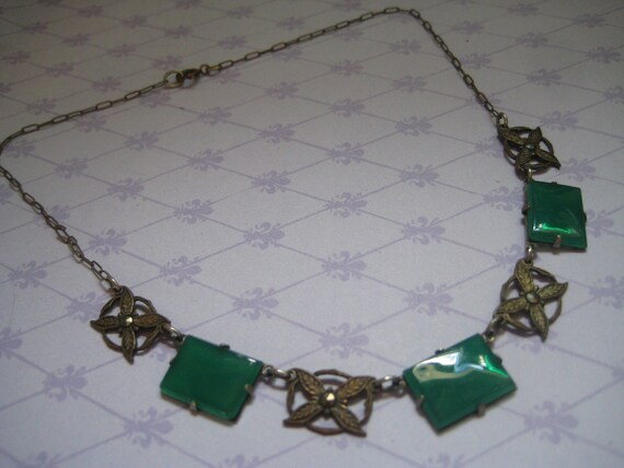 Ornate 20s Chrysophrase Rectangles Choker with Fl… - image 1