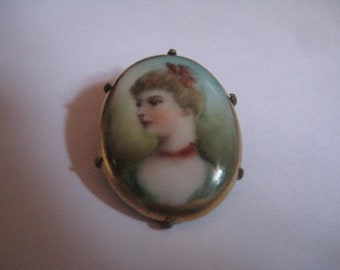 Antique Victorian  PIn Porcelain Tile with Hand Painted Lady with Hair Bow and Choker in Red