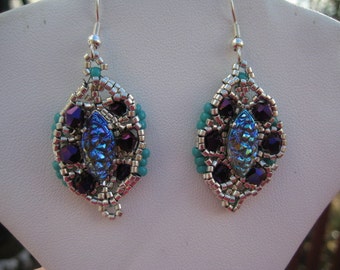 Wild Blue Ice Navette French Style Beaded Earrings with Navette Rhinstone by ME