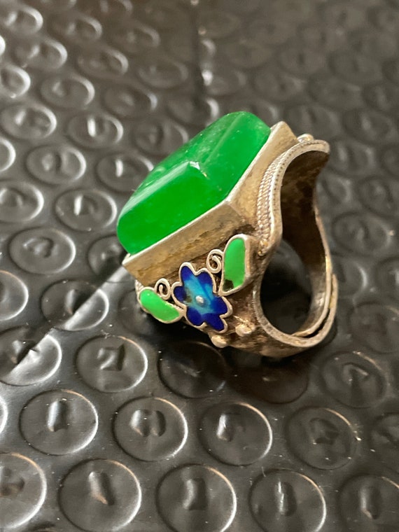 Chinese Import  Adjustable Shank Silver Inlay with Genuine Gemstone and Enamel flowers View 3