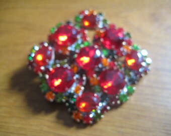 70s  Czechoslovakian Multi Colored Rhinestone Pin Reds and Greens