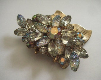 JUDY LEE Signed Rhinestone Pin Crystal Navettes and Blue Iris Mountain Top or Rocky Top Rhinestones 50s Beauty