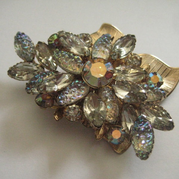 JUDY LEE Signed Rhinestone Pin Crystal Navettes and Blue Iris Mountain Top or Rocky Top Rhinestones 50s Beauty