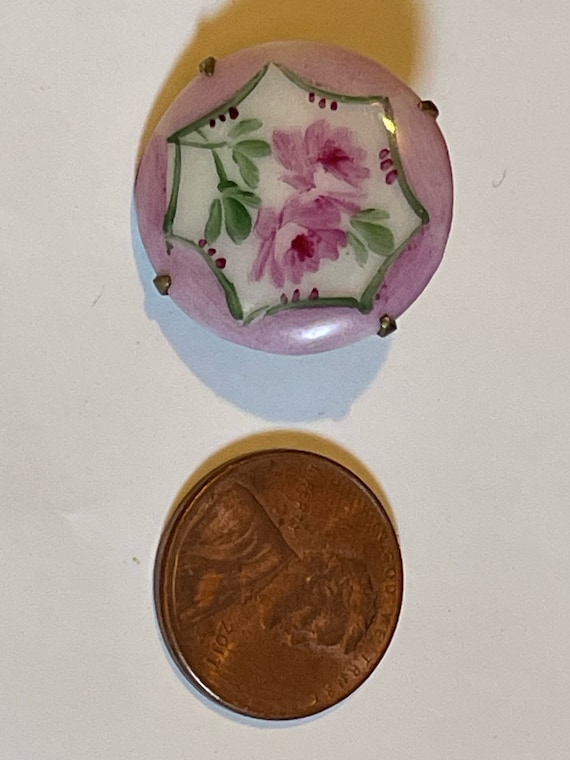 Antique Victorian Hand Painted Ceramic Flower 7/8” Pin for Child or Doll View 3