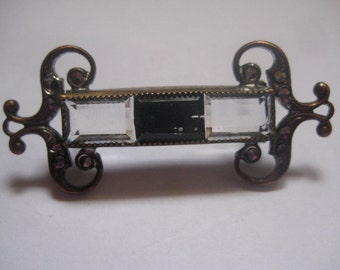Antique Victorian Bar Pin with Prongs For Purse or Pocketbook Jet Crystal and Marcasites