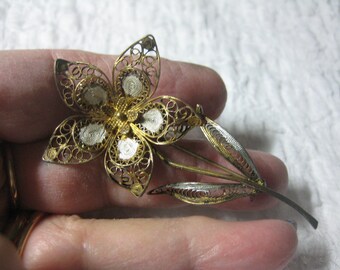 Antique  Flower Pin Filigree Sterling Vermeil Filigree with Enamel Accents