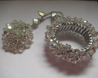 Demi Parure of Bracelet and Pin Silver Plate with Crystal AB Beads on the Cha Cha Bracelet and Flower Pin