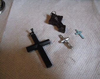 Lot of 4 Vintage Crosses Black Glass Cloisonne Rhinestones and Carved Wood with a Picture Inside