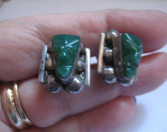 Mexican Sterling Tribal Mask Screw Back Earrings in Carved Green Stone