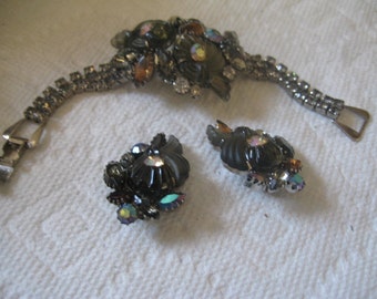 Rare Edlee Rhinestone Bracelet and Clip On Earrings with Cornucopia Stones and Rhinestones in Black Diamond and Crystal