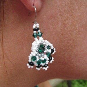 Emerald and Milk Glass Pierced Wire Earrings in Fan Shape