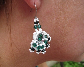 Emerald and Milk Glass Pierced Wire Earrings in Fan Shape