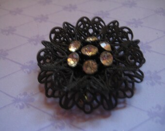 50s Black Enamel Filigree Flower with Rhinestone Stamens  Very Unusual