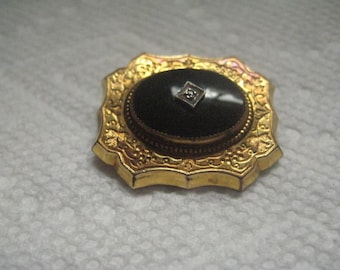 Vintage PSCo 1 20th 10KT Gold Filled Diamond and Onyx Victorian Mourning Pin