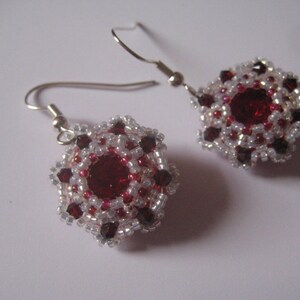 RED Rhinestones and SILVER Seed Beads Pierced Wire  Earrings by Margaret Ellison