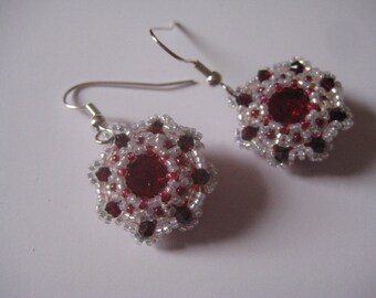 RED Rhinestones and SILVER Seed Beads Pierced Wire  Earrings by Margaret Ellison