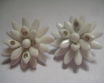 Western Germany Milk Glass and Rhinestones Clip On Earrings