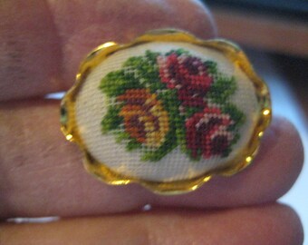 Petit Point Hand Embroidered Pin with 3 Red Roses on Gold Tone Frame