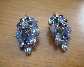 Sherman Shades of Blue Leaf Shaped  Navette and Chaton Cut Rhinestone Clipback Earrings  60s Vintage Jewelry,