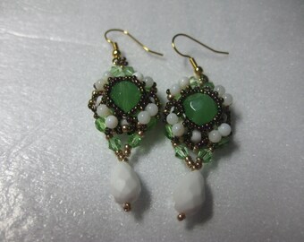 Peridot White and Bronze Drop Earrings With Mother of Pearl Beads