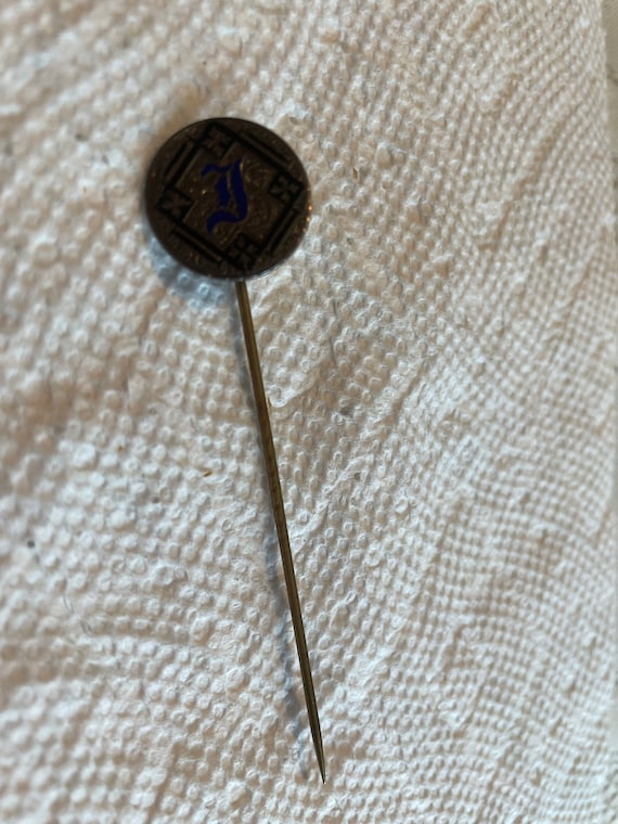 1857 Sitting Liberty Love Token Stick Pin with Hand Engraving J and Blue Enameling