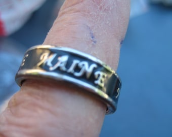 Wonderful MAINE in Silver Tone Metal with Black Enamel on Copper Size 8