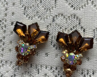 DeLizza & Elster aka Juliana Verified Book Piece with Crystal AB Chatons and Smoked Topaz Kite Stones Clip On Earrings