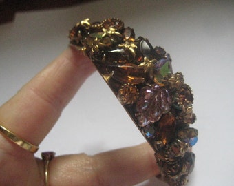 Double Hinged Cuff Style Bracelet with Art Glass Rhinestones Navettes Chatons and Metal Accents 50s or 60s
