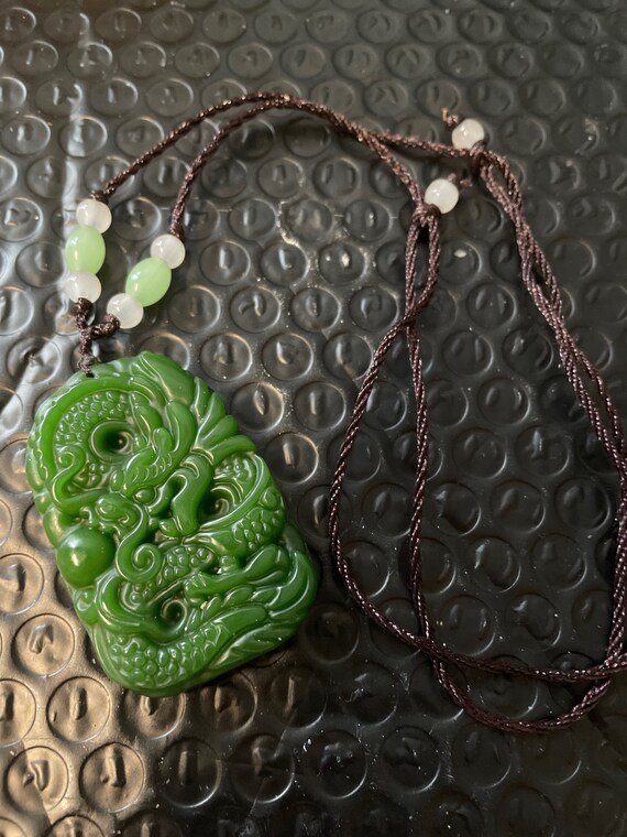 Jade Carved Dragon Pendant with Rope Cord - image 1
