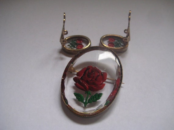 Back Carved and Hand Painted Glass Cameo Pin and … - image 2