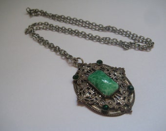 Art Deco  Peking Glass and Rhinestones in Silver Tone Pendant and Chain