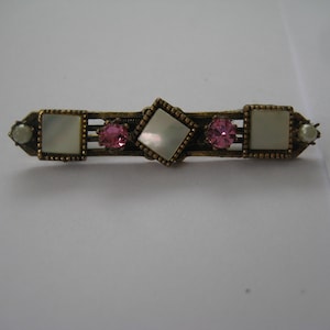 Reproduction Victorian Gold Topped Bar Pin with Rose Rhinestones Faux Pearls and Mother of Pearl