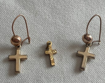 60s Cross Pendant and Cross Pierced Wire earrings Gold Plated