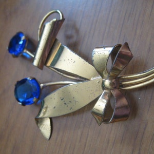 30s Huge Gold Vermeil Flower Brooch with Sapphire Rhinestones