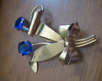 30s Huge Gold Vermeil Flower Brooch with Sapphire Rhinestones