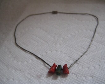 14 Inch Liquid Silver Necklace with Branch Coral and Turquoise  Chunks Screw Clasp