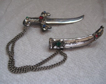 CORO Sword in Scabard Pin with Rhinestone Accents 2 Pins in One with Chain
