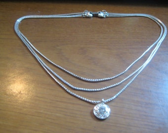 Napier 3 Strand Silvertone Chain with Rhinestone Drop on Bottom Chain