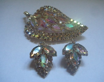 Crystal AB Demi Parure of Pin and Clip On Earrings DeLizza & Elster Verified