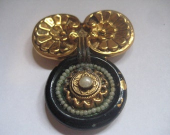 Vintage LEO GLASS Faux Pearl Dress Clip with Black Enamel