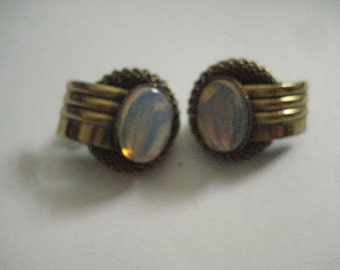 Ermani Bulatti Art Deco Revival Clip On Earrings in Gold Plate with White Opal Cabochons and Mesh Backer