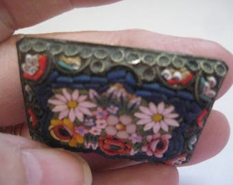 ART DECO Italian Rectantular  Shaped Micromosaic Floral Pin 1920s Vintage Jewelry with Daisies