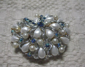 Art Signed Rhodium Plated Faux Pearl and Sapphire AB Rhinestone Brooch 2 3/ Inches